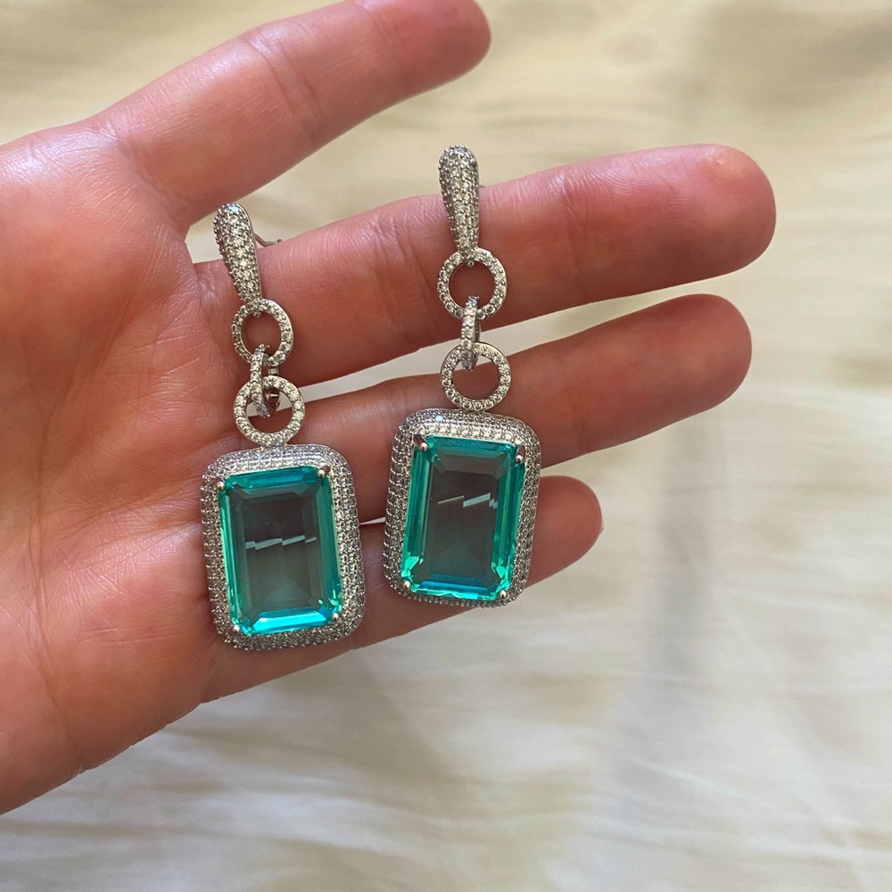 Turquoise Gemstone CZ Evening Silver Statement Earrings